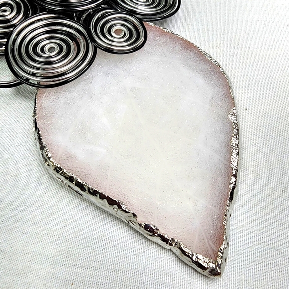 Large Silver Statement Wire Art and Druzy Stone Necklace with Earrings Set - Picture 6 of 12